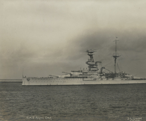 Contemporary black and white photograph of HMS Royal Oak at sea.  