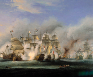 An oil painting depicting several Napoleonic-era warships engaged in battle