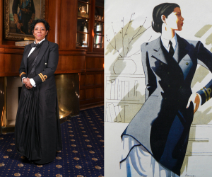 A woman in a Royal Navy sari alongside an older artists impression
