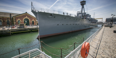 HMS Caroline is a First World War ship and image shows her at her berth in Belfast