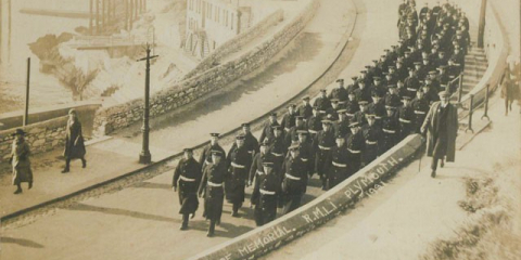 Marching to the unveiling of the Royal Marine Light Infantry Memorial at Plymouth on Tuesday November 8th 1921 by Earl Fortescue, Lord Lieutenant of Devon.