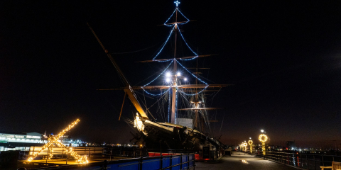 The Christmas lights on HMS Warrior Credit NMRN
