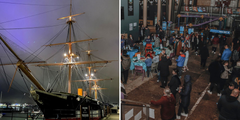 HMS Warrior and Action Stations during the stargazing event at Portsmouth Historic Dockyard