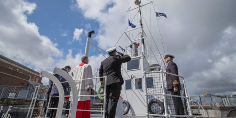 The service onboard HMS M.33 from 2023's Anzac Day in Portsmouth Historic Dockyard